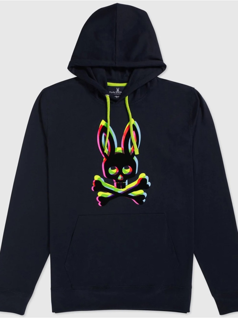 Psycho Bunny Men’s Navy Hoodie with Neon Multicolor Logo Size 8/XXL